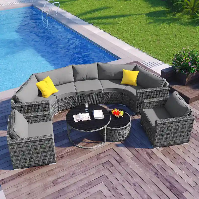 9-Piece Half-Moon Sectional Set with Nesting Table & Armchairs