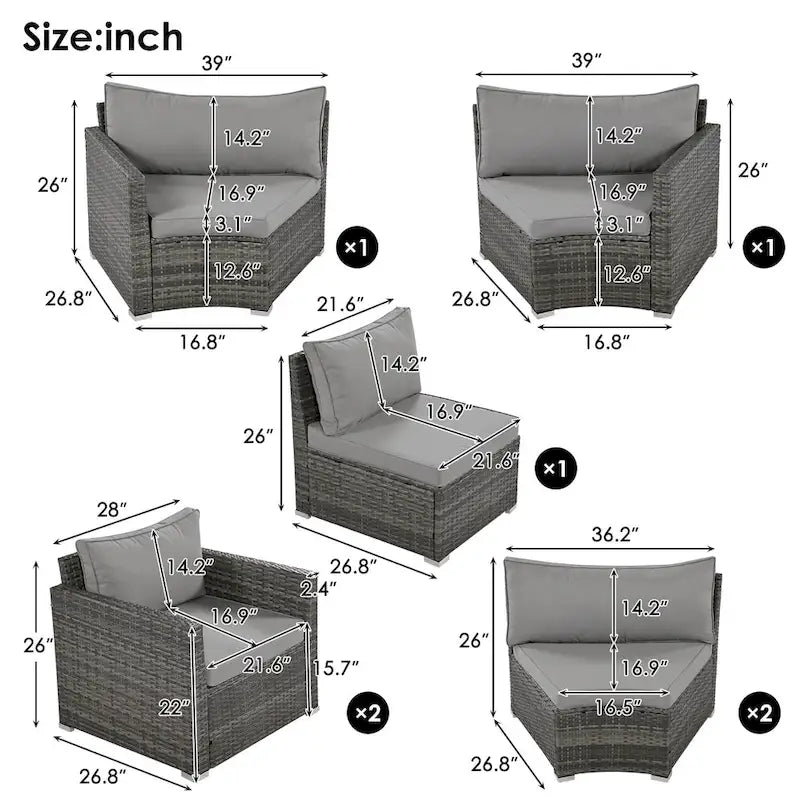 9-Piece Half-Moon Sectional Set with Nesting Table & Armchairs