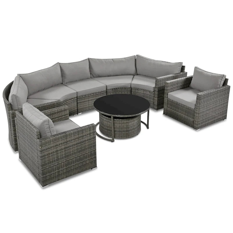 9-Piece Half-Moon Sectional Set with Nesting Table & Armchairs