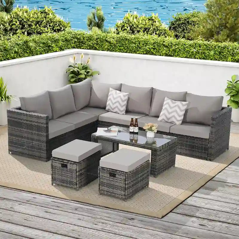 6-Piece Rattan Sectional Sofa Set with Glass Table