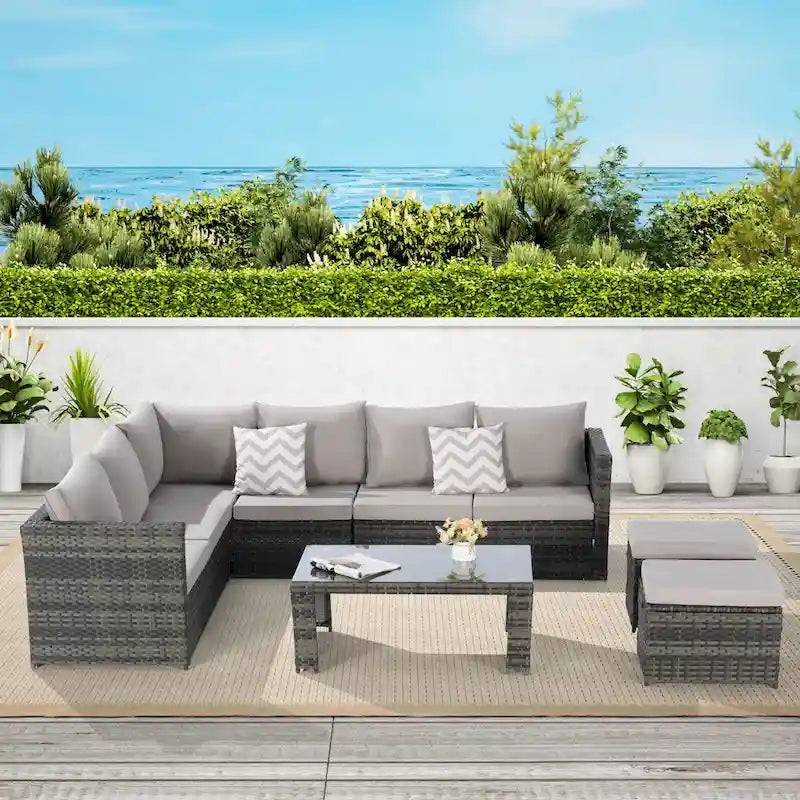 6-Piece Rattan Sectional Sofa Set with Glass Table