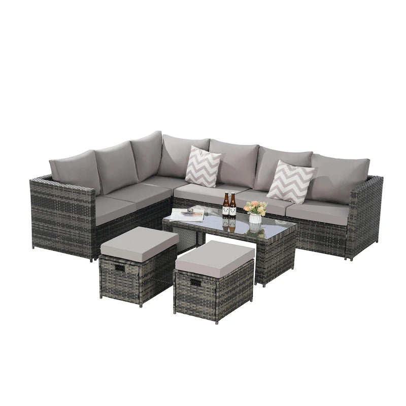 6-Piece Rattan Sectional Sofa Set with Glass Table