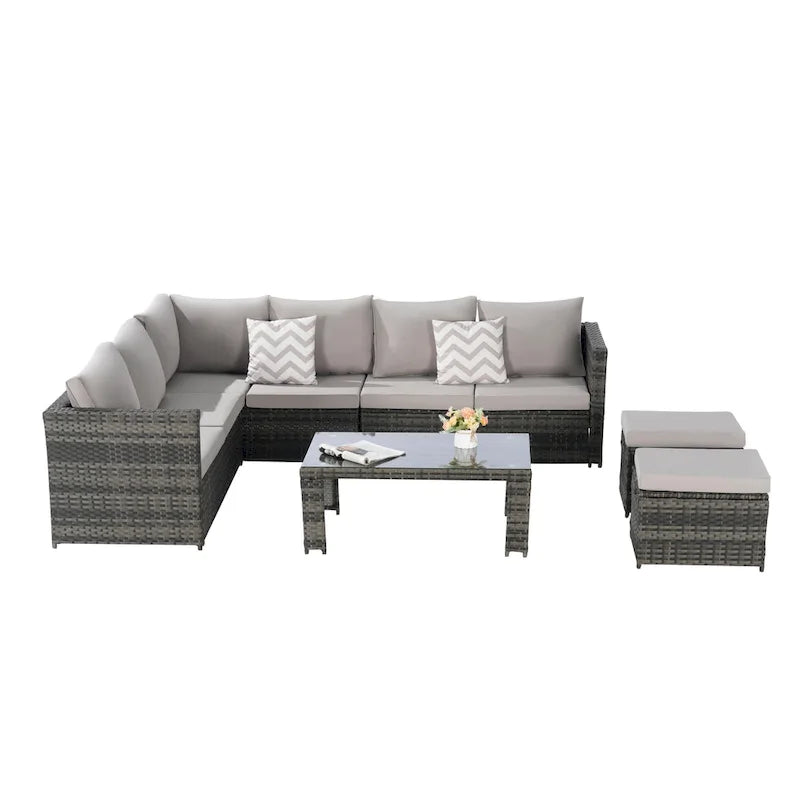 6-Piece Rattan Sectional Sofa Set with Glass Table