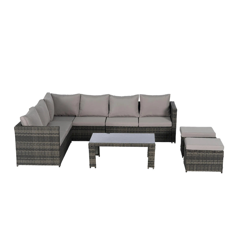 6-Piece Rattan Sectional Sofa Set with Glass Table