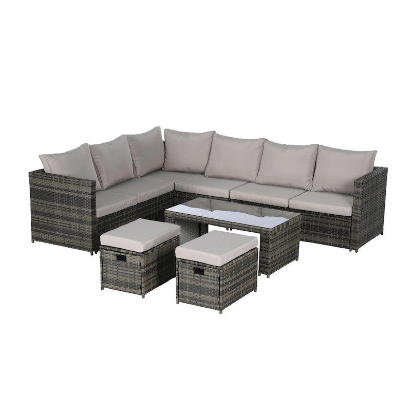 6-Piece Rattan Sectional Sofa Set with Glass Table