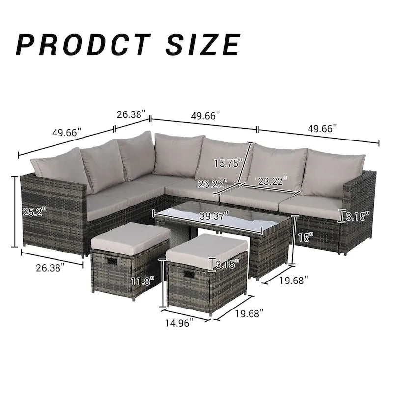 6-Piece Rattan Sectional Sofa Set with Glass Table
