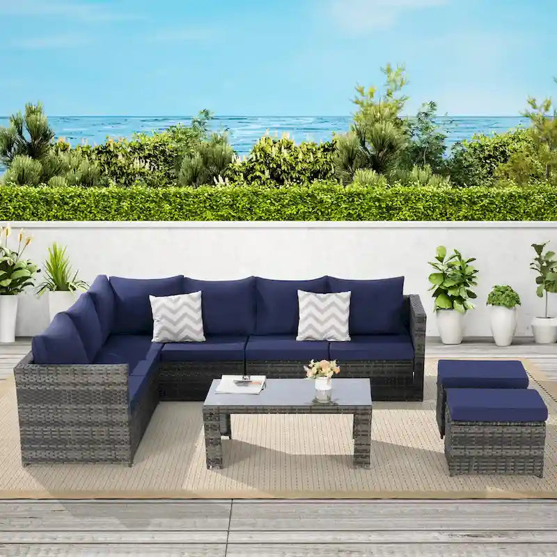 6-Piece Rattan Sectional Sofa Set with Glass Table