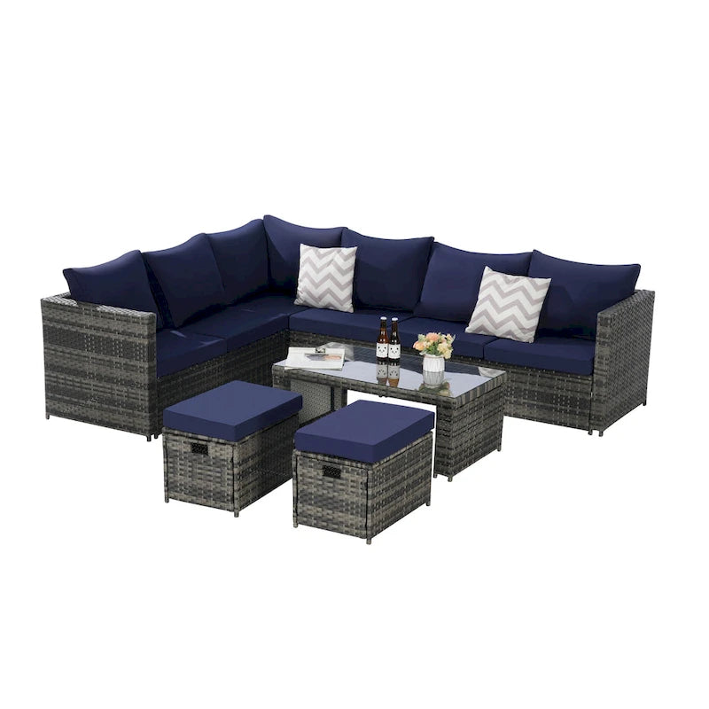 6-Piece Rattan Sectional Sofa Set with Glass Table