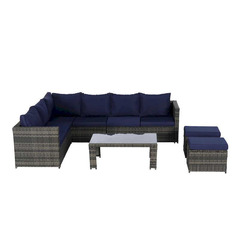 6-Piece Rattan Sectional Sofa Set with Glass Table