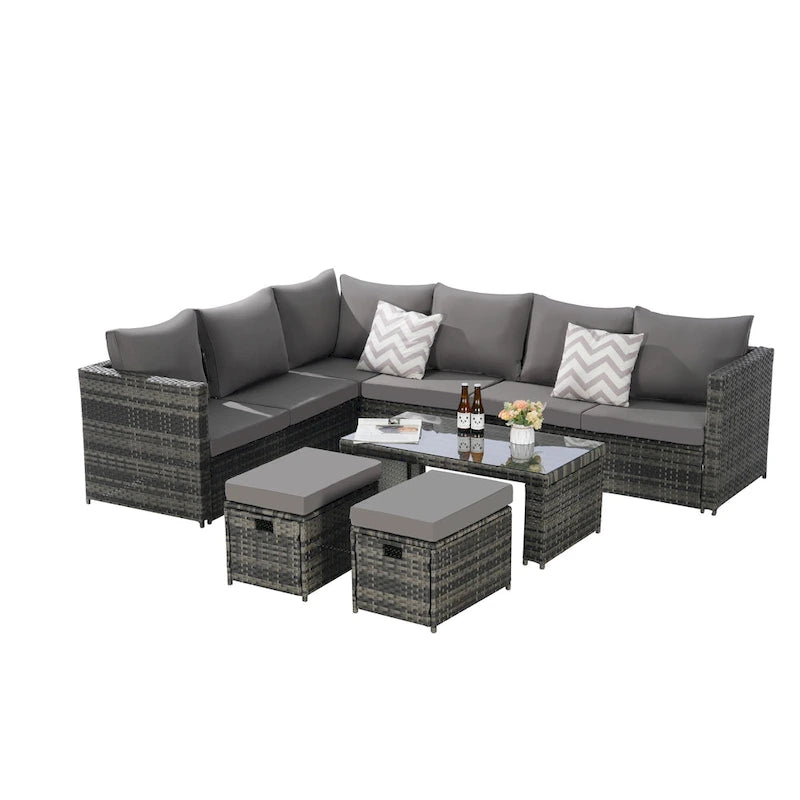6-Piece Rattan Sectional Sofa Set with Glass Table