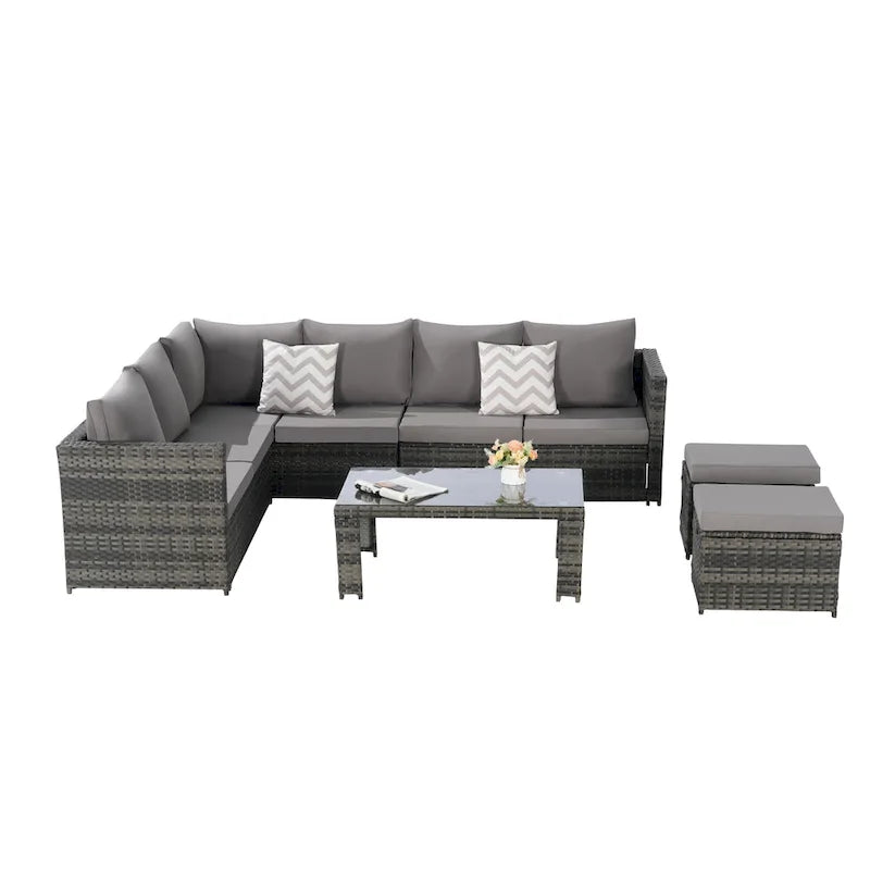 6-Piece Rattan Sectional Sofa Set with Glass Table
