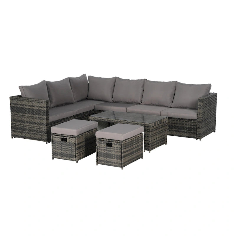 6-Piece Rattan Sectional Sofa Set with Glass Table