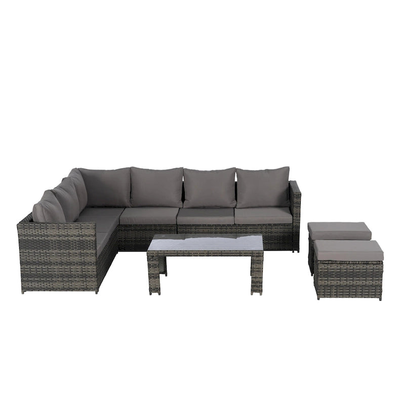 6-Piece Rattan Sectional Sofa Set with Glass Table