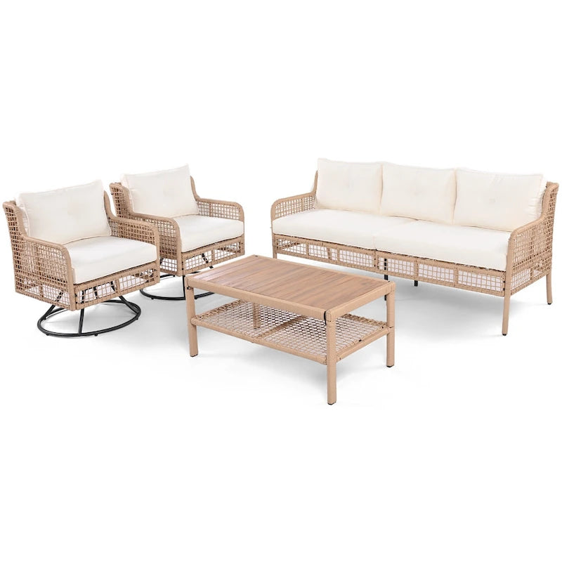 4-Piece Rattan Conversation Sofa Set with Swivel Chairs & Table