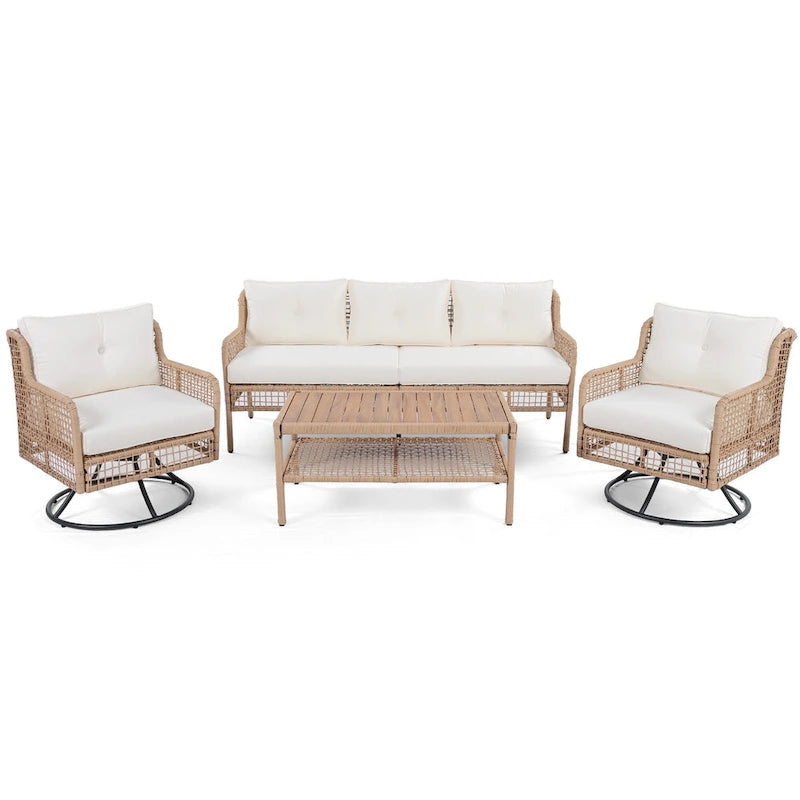 4-Piece Rattan Conversation Sofa Set with Swivel Chairs & Table