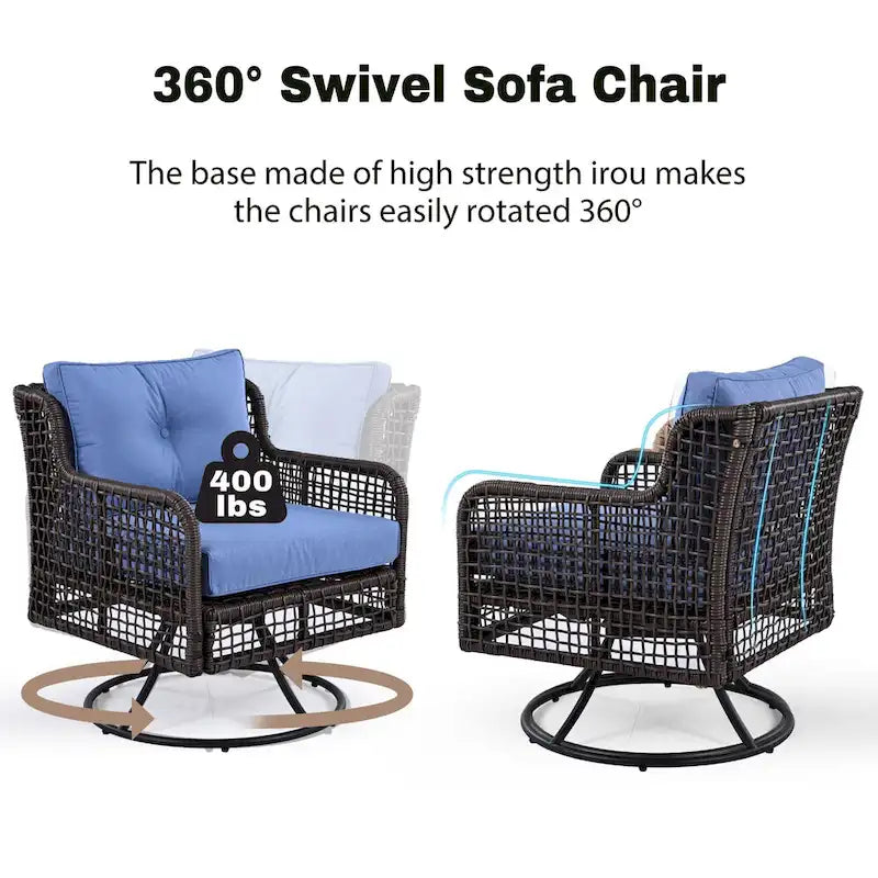 4-Piece Rattan Conversation Sofa Set with Swivel Chairs & Table