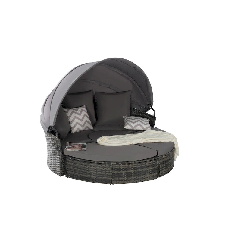 5-Piece Round Daybed Sunbed with Canopy & Removable Cushions
