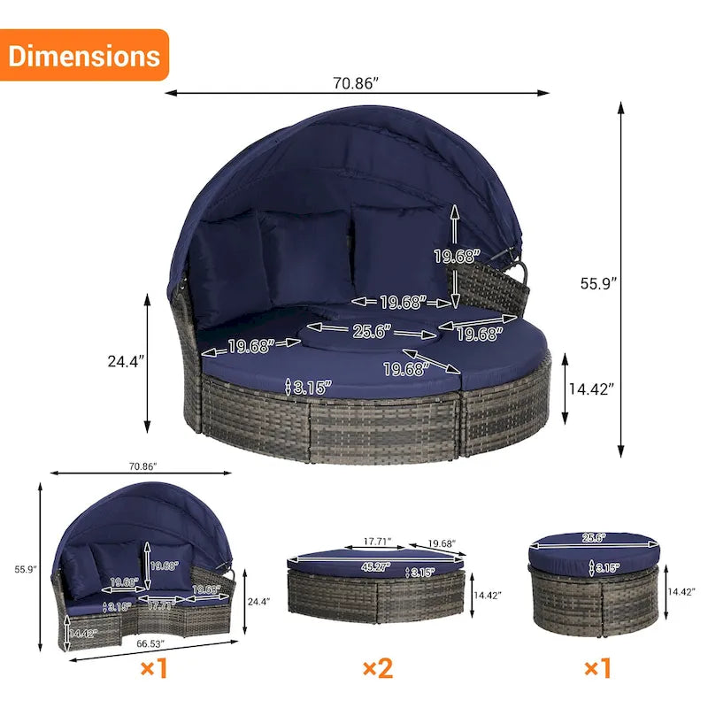 5-Piece Round Daybed Sunbed with Canopy & Removable Cushions