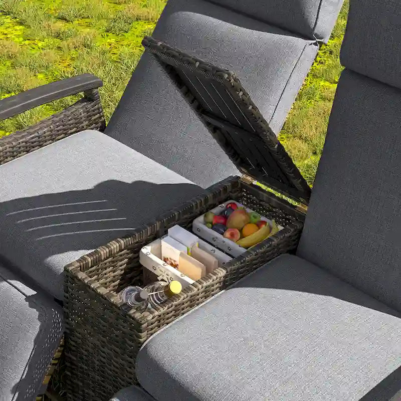 Wicker Recliner Loveseat Chair Set with Storage Table