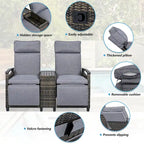 Wicker Recliner Loveseat Chair Set with Storage Table