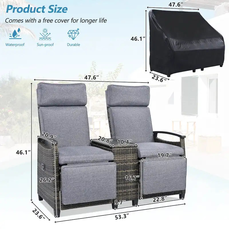 Wicker Recliner Loveseat Chair Set with Storage Table