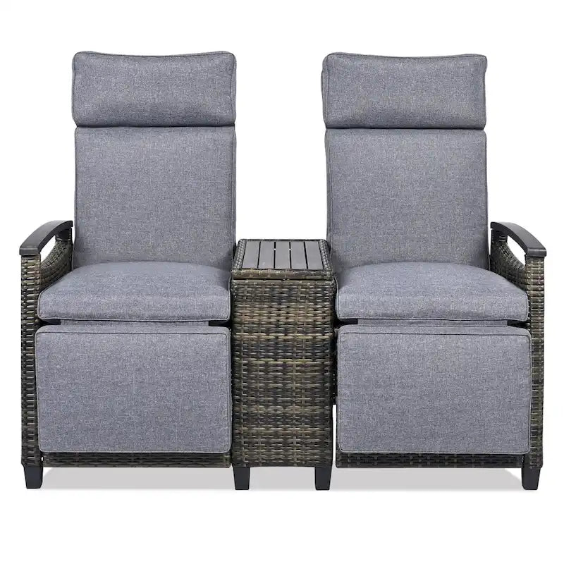 Wicker Recliner Loveseat Chair Set with Storage Table