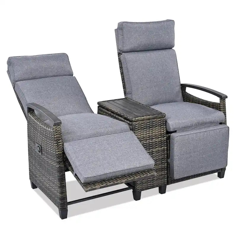 Wicker Recliner Loveseat Chair Set with Storage Table