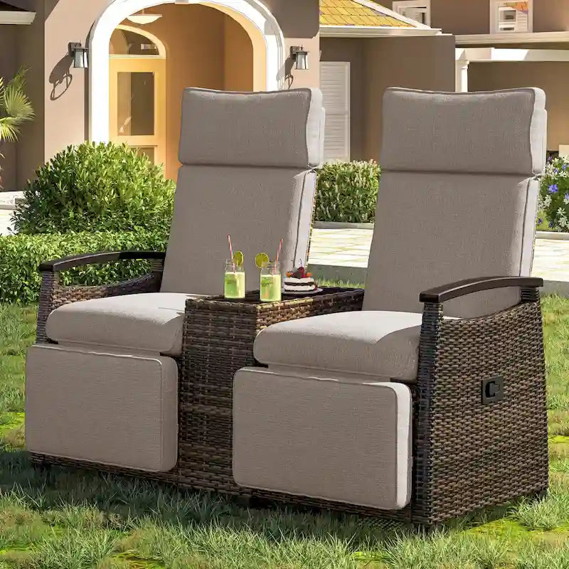 Wicker Recliner Loveseat Chair Set with Storage Table
