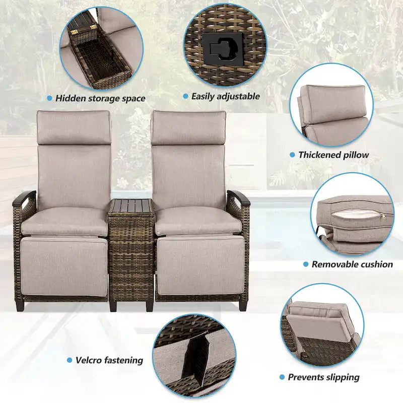 Wicker Recliner Loveseat Chair Set with Storage Table