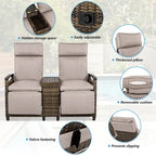 Wicker Recliner Loveseat Chair Set with Storage Table