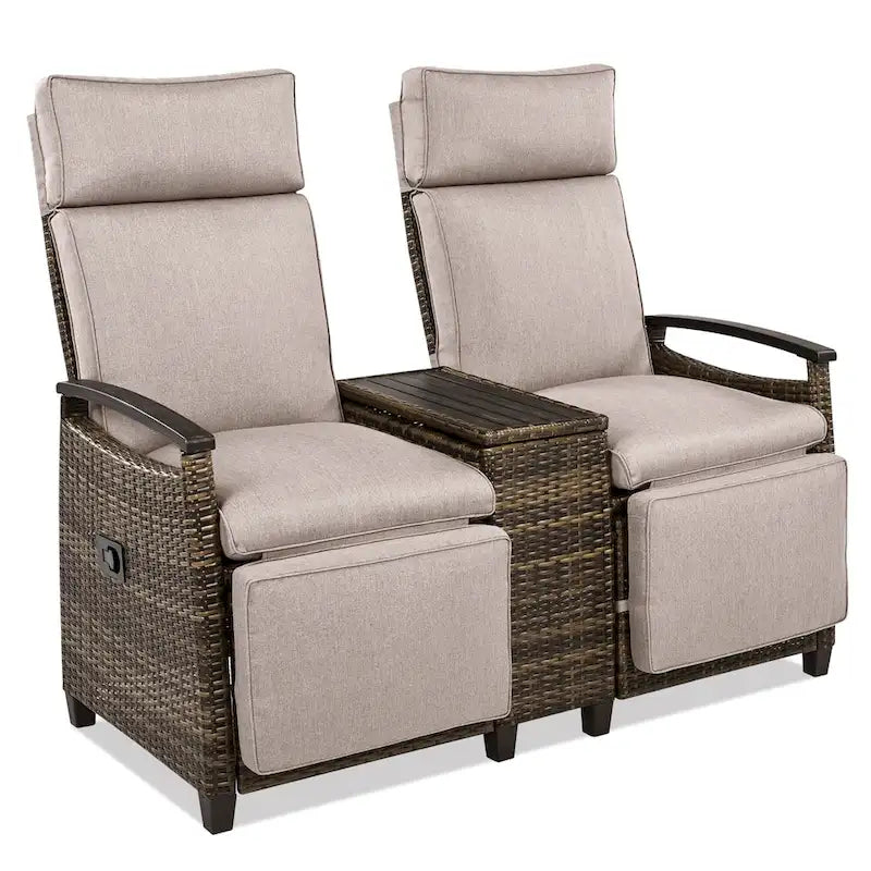Wicker Recliner Loveseat Chair Set with Storage Table