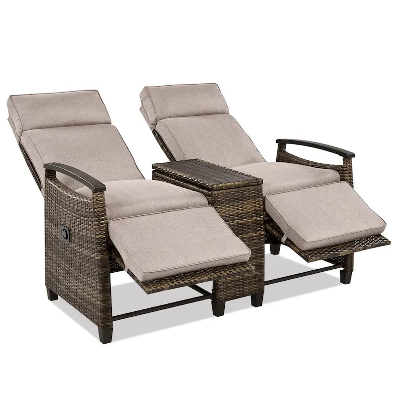 Wicker Recliner Loveseat Chair Set with Storage Table