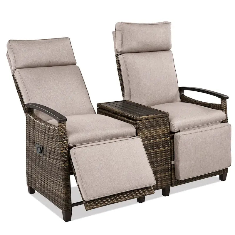 Wicker Recliner Loveseat Chair Set with Storage Table