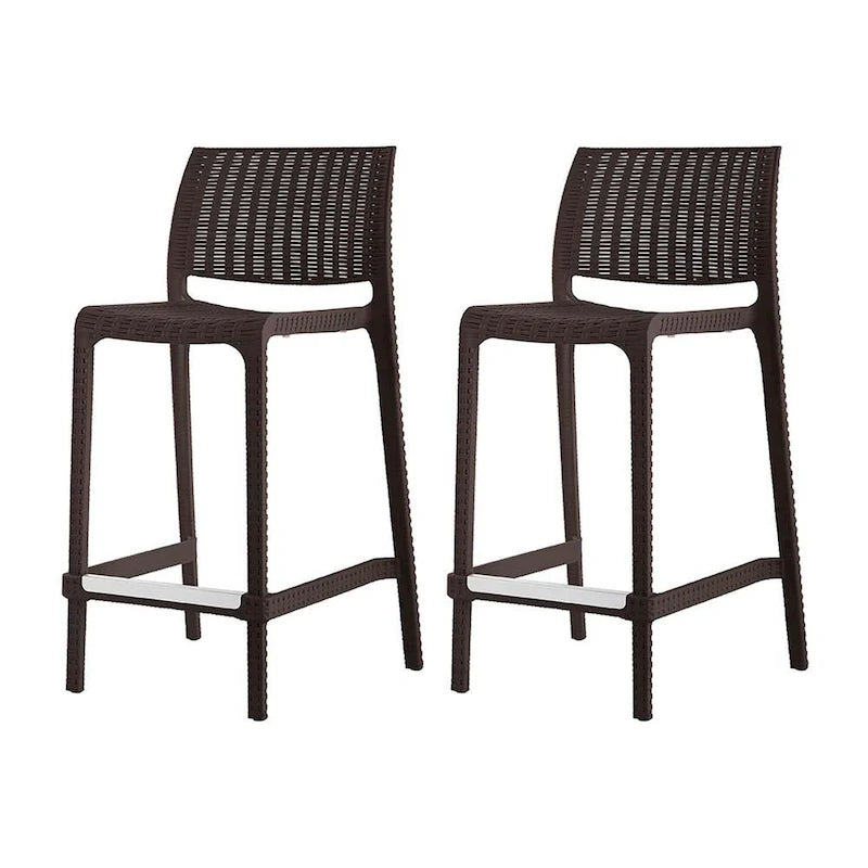 HomeRoots Set of Four 26 Brown Faux Rattan Heavy Duty Plastic Low Back Outdoor Counter Height Bar Chairs