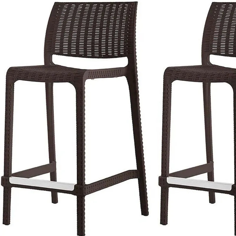 HomeRoots Set of Four 26 Brown Faux Rattan Heavy Duty Plastic Low Back Outdoor Counter Height Bar Chairs
