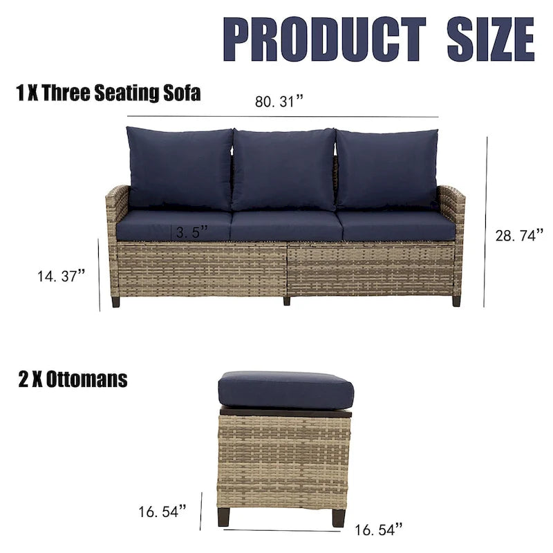 5-Piece 3-Seater Outdoor Wicker Sofa Couch with Comfy Cushions