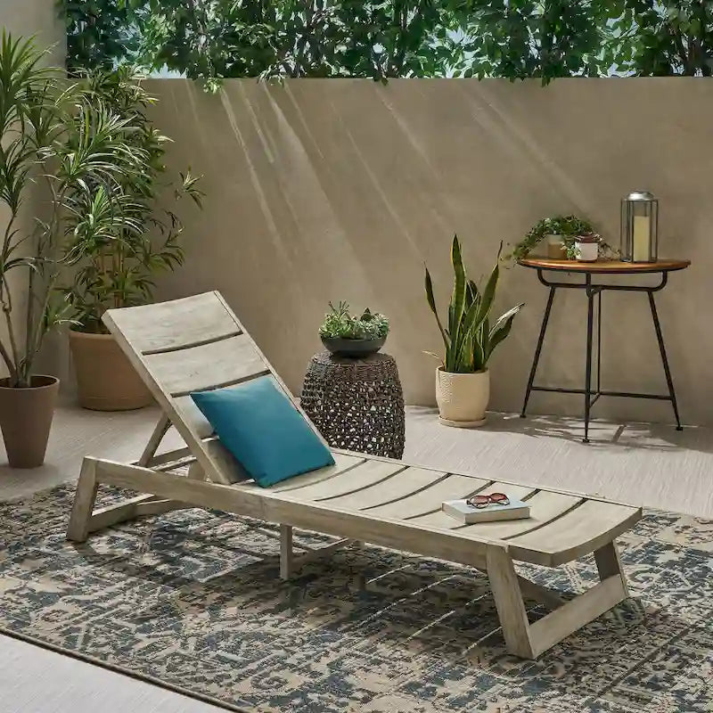 Maki Chaise Lounge Grey Acacia Wood and Metal Adjustable Outdoor Patio Furniture 78in