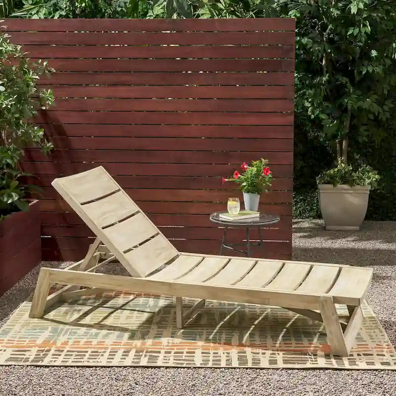 Maki Chaise Lounge Grey Acacia Wood and Metal Adjustable Outdoor Patio Furniture 78in