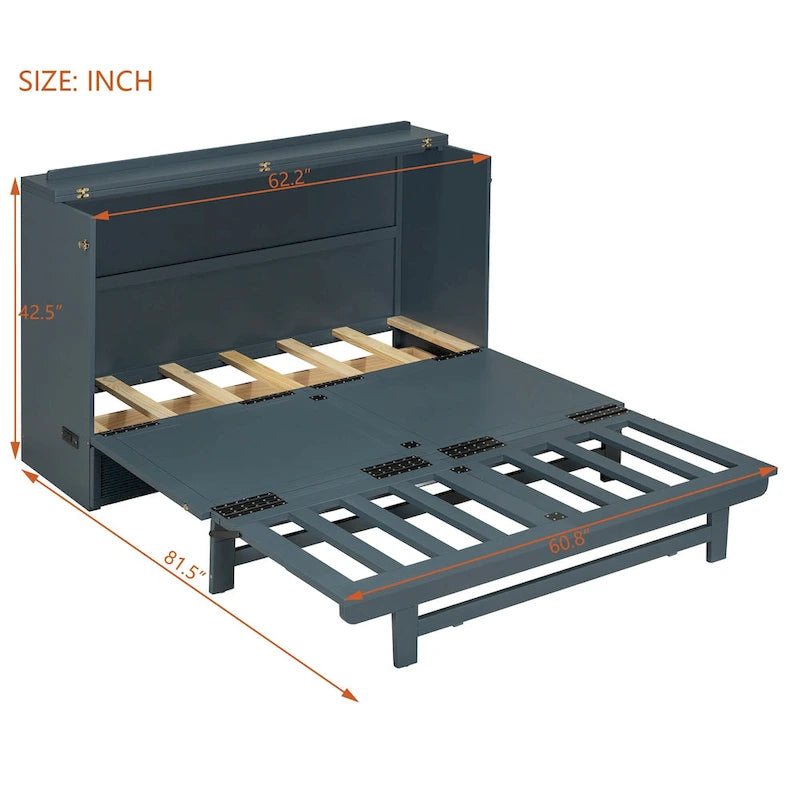 Foldable Murphy Cabinet Bed with Drawer and USB Ports – Grey / White, Full / Queen, 1–2 Person