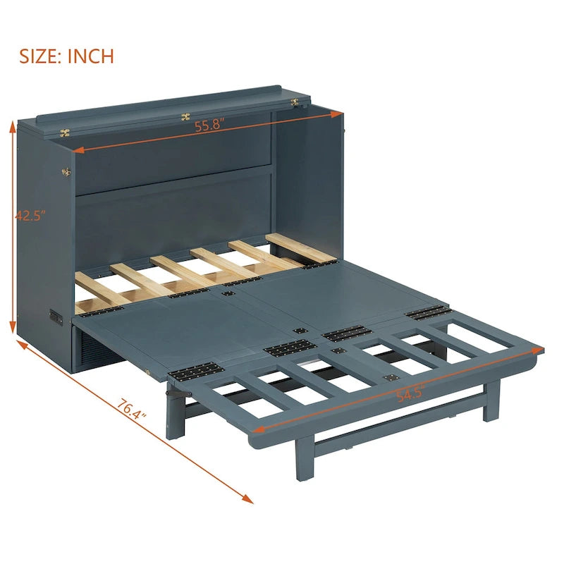 Foldable Murphy Cabinet Bed with Drawer and USB Ports – Grey / White, Full / Queen, 1–2 Person