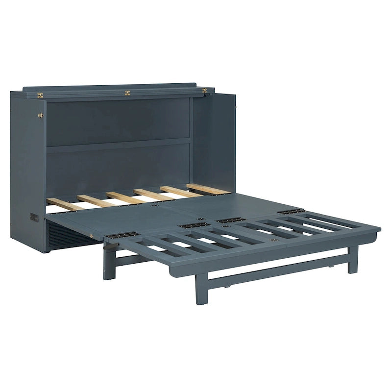 Foldable Murphy Cabinet Bed with Drawer and USB Ports – Grey / White, Full / Queen, 1–2 Person