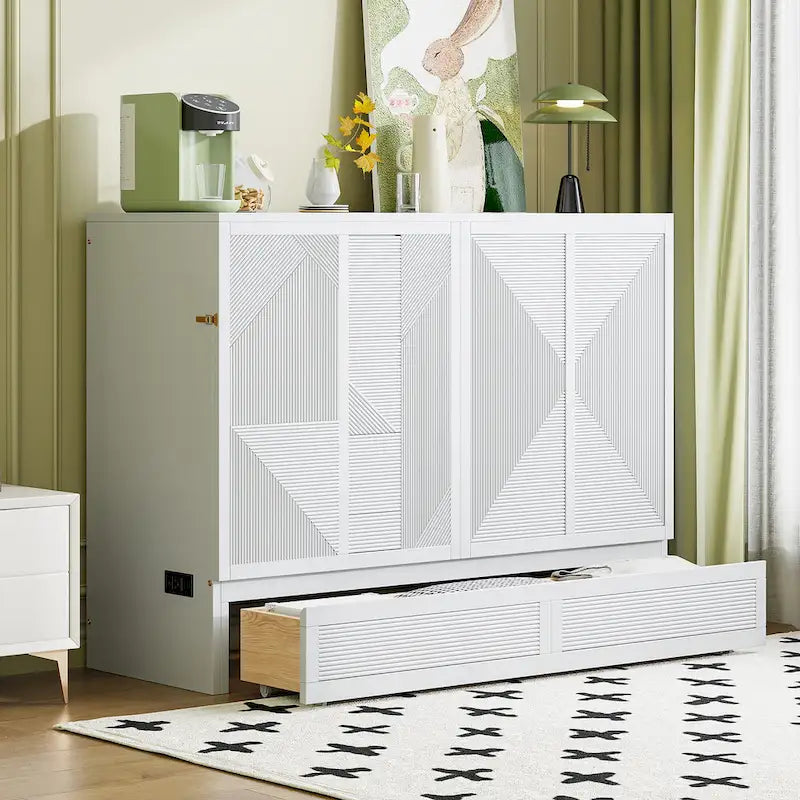 Foldable Murphy Cabinet Bed with Drawer and USB Ports – Grey / White, Full / Queen, 1–2 Person