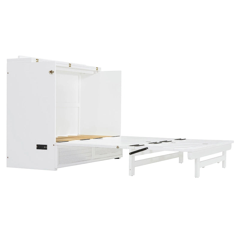 Foldable Murphy Cabinet Bed with Drawer and USB Ports – Grey / White, Full / Queen, 1–2 Person