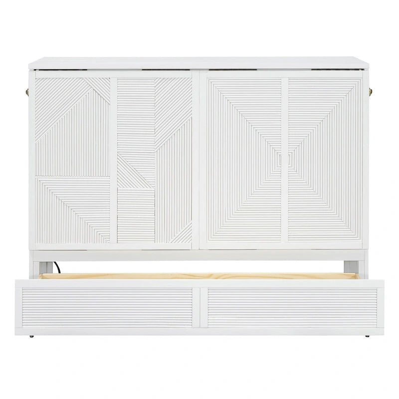 Foldable Murphy Cabinet Bed with Drawer and USB Ports – Grey / White, Full / Queen, 1–2 Person