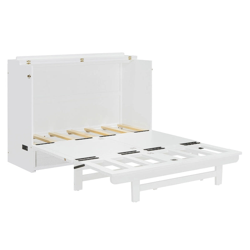 Foldable Murphy Cabinet Bed with Drawer and USB Ports – Grey / White, Full / Queen, 1–2 Person
