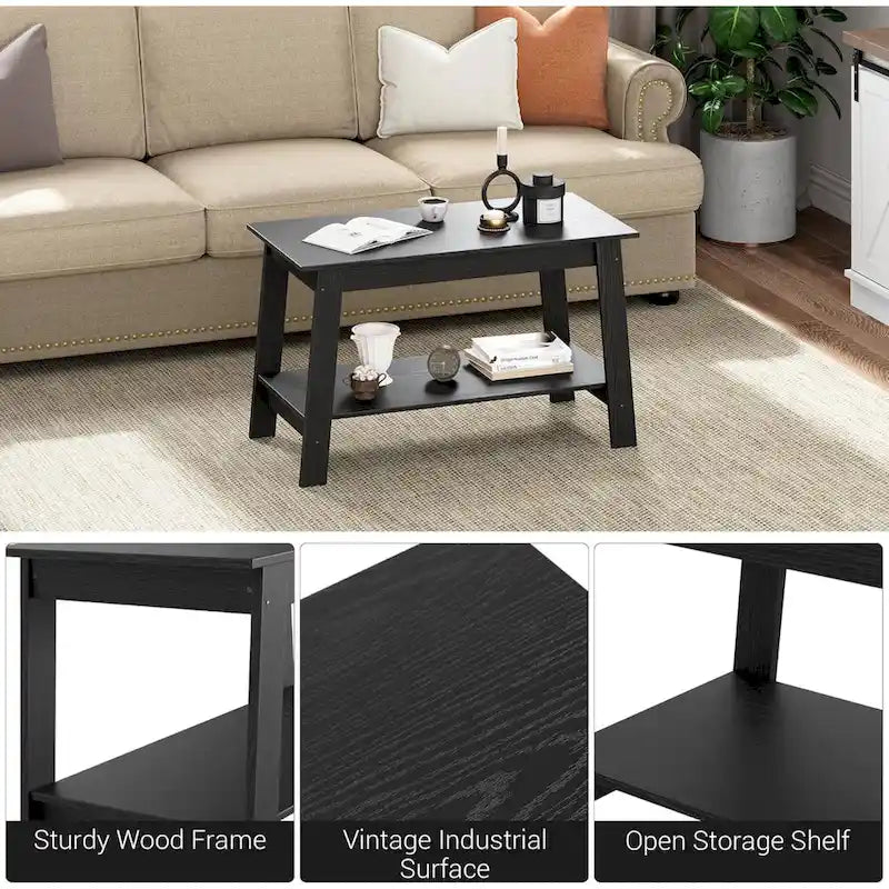 2-Tier Coffee Table with Storage Shelf – White / Black / Brown, Rustic Industrial Style