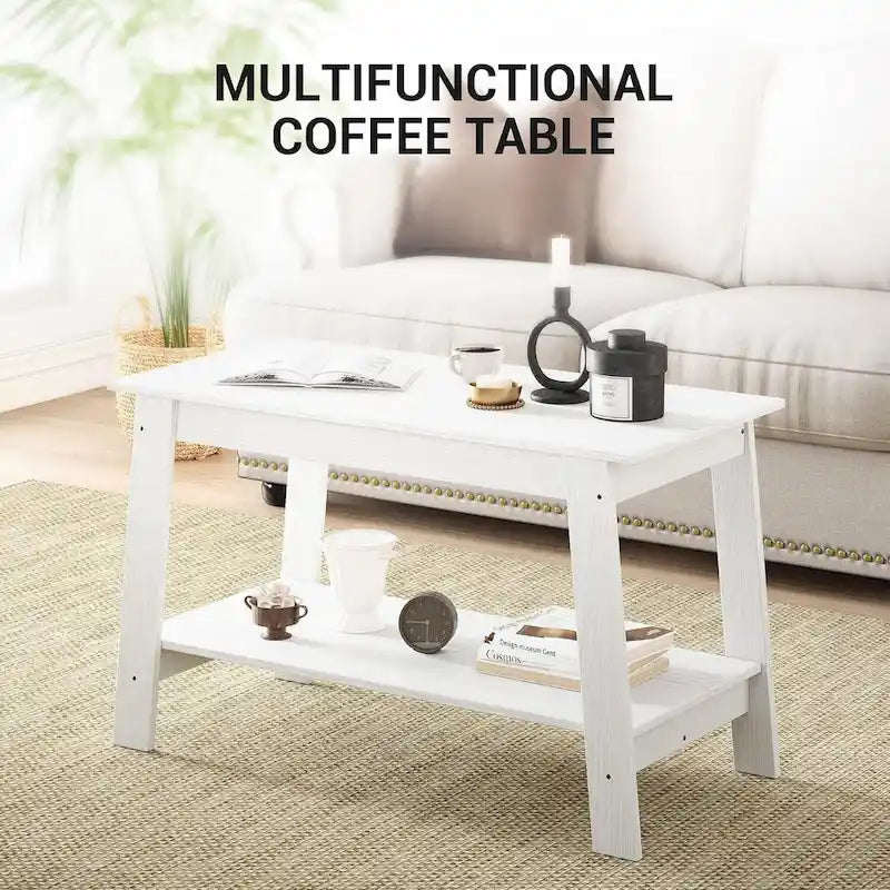 2-Tier Coffee Table with Storage Shelf – White / Black / Brown, Rustic Industrial Style