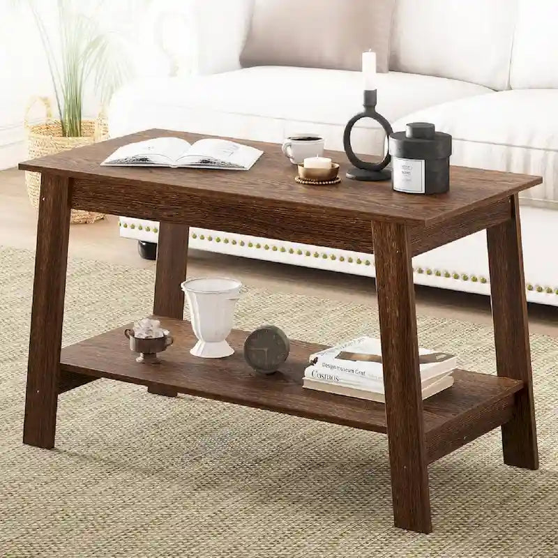 2-Tier Coffee Table with Storage Shelf – White / Black / Brown, Rustic Industrial Style