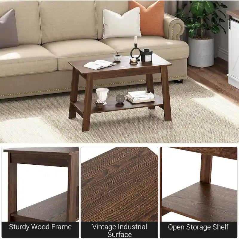 2-Tier Coffee Table with Storage Shelf – White / Black / Brown, Rustic Industrial Style
