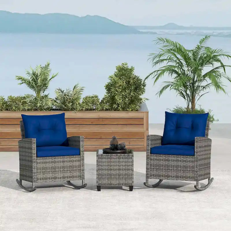 Costway 3 PCS Patio Wicker Rocking Set with Tempered Glass Table & - See Details